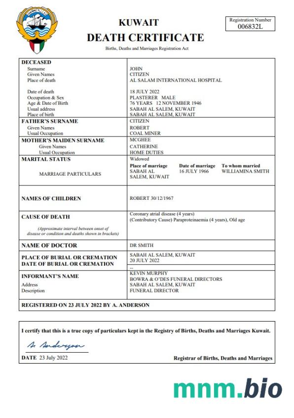 Kuwait śmierć certyfikat Word i PDF szablon